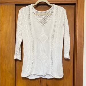 GAP Ivory Cotton Roll V-Neck Sweater 3/4 Sleeve Open & Cable Knit Design Summer